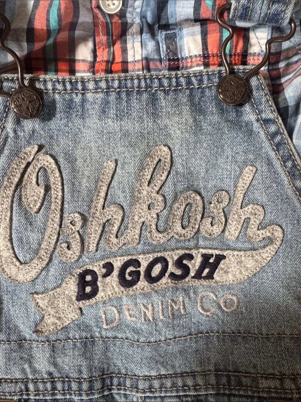 OshKosh B'gosh Denim Overalls with Blue & Red Plaid Shirt size 12M